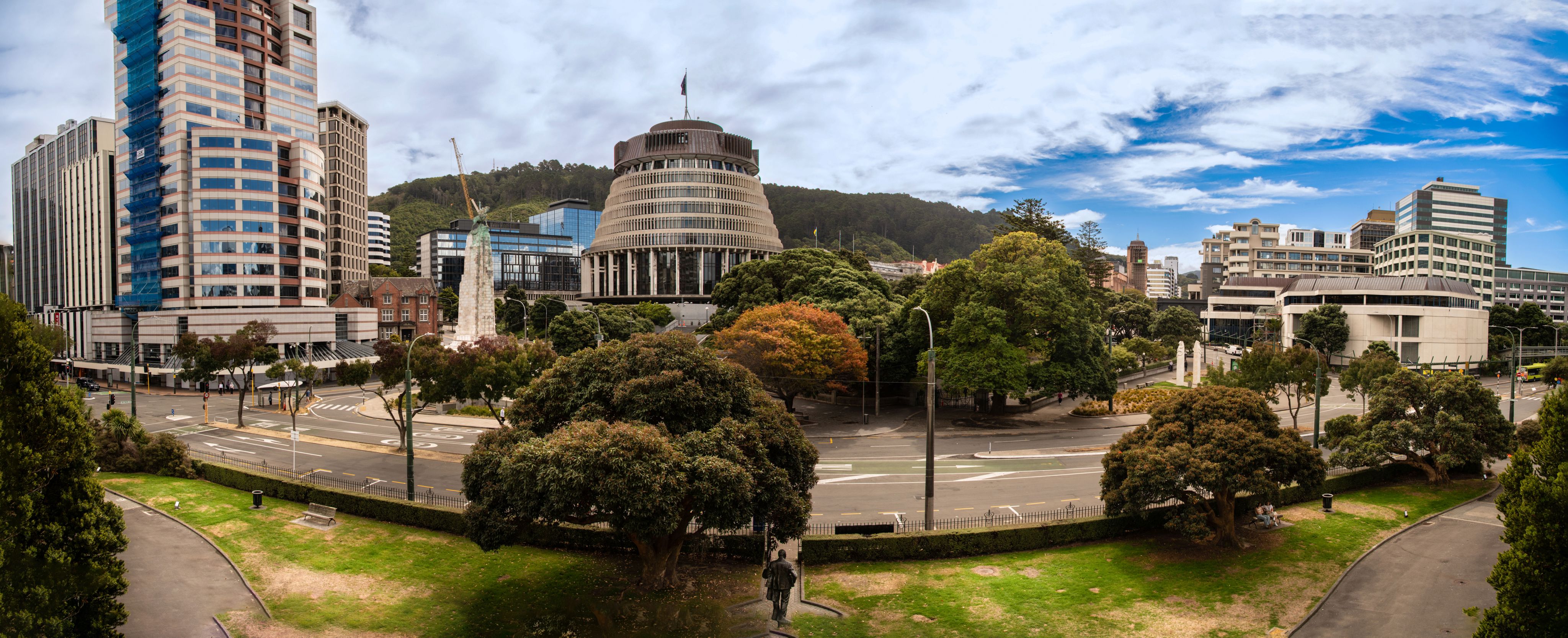 Image showing several buildings, centred on the beehive shaped NZ Parliament building