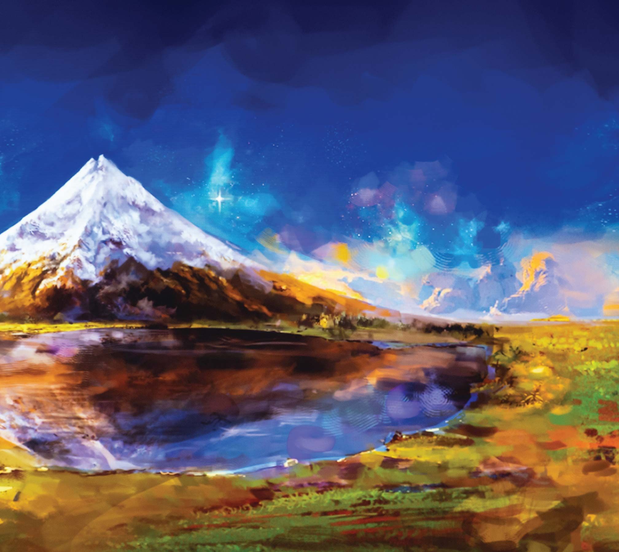 Tom Trengrove's digital landscape painting showing a mountain and lake